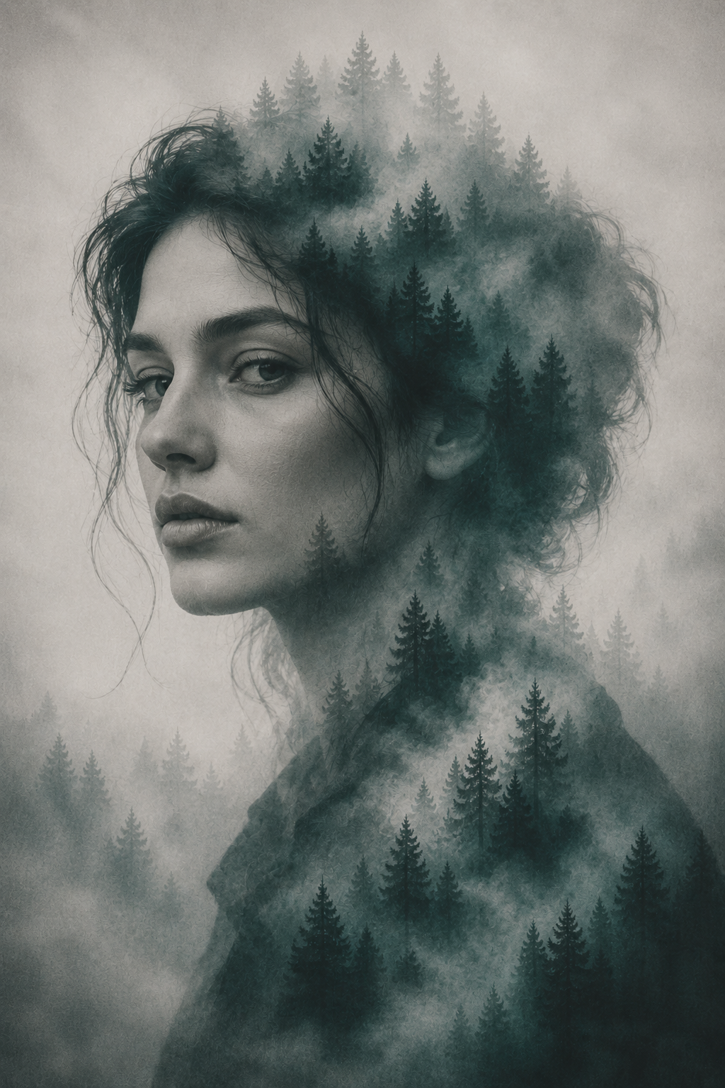 Double Exposure Forest Woman