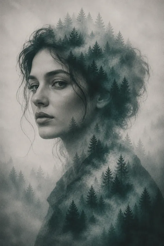 Double Exposure Forest Woman